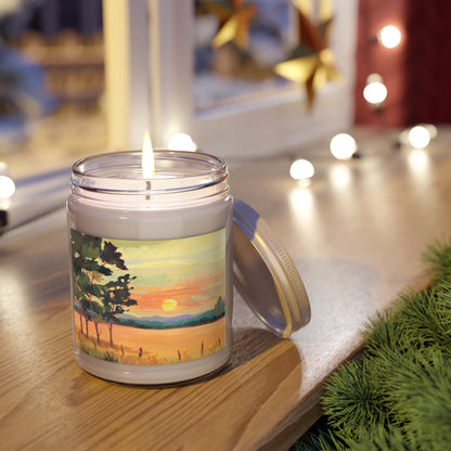 9oz Eco-Friendly Scented or Unscented Soy Wax Candle Jar with 'Sunsrise' Landscape Artwork by American Artist Barbara Cleary-1
