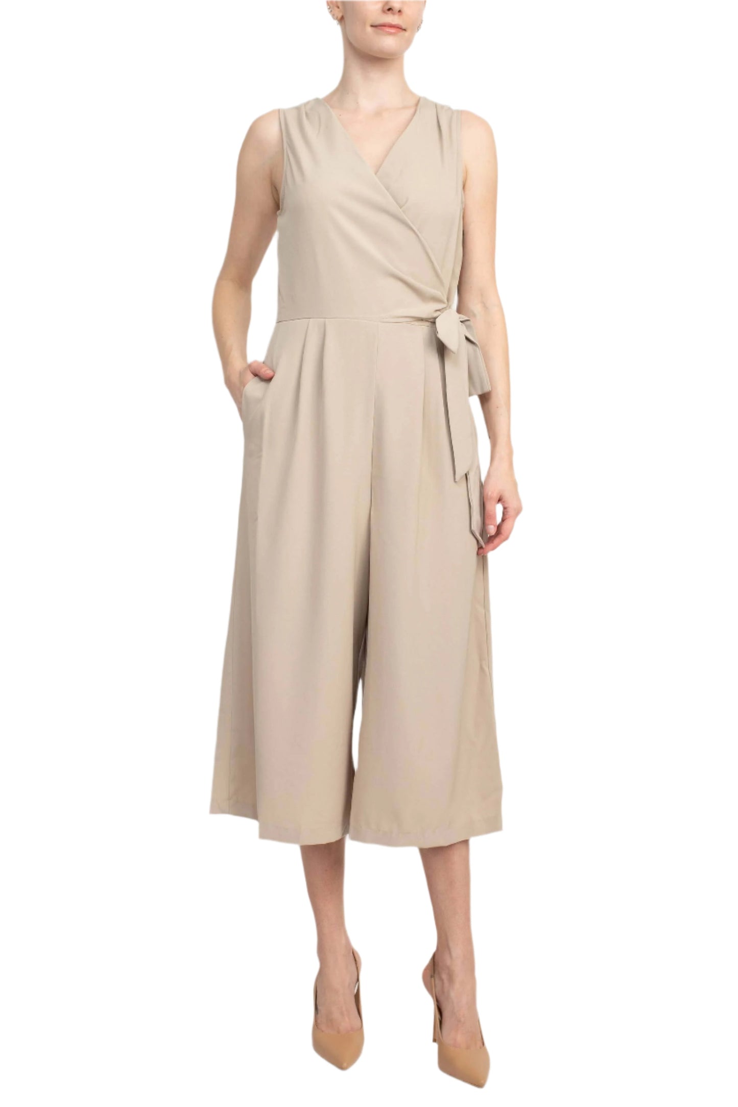 Emma & Michele V-Neck Sleeveless Tie Side Solid Pockets Crepe Jumpsuit-1