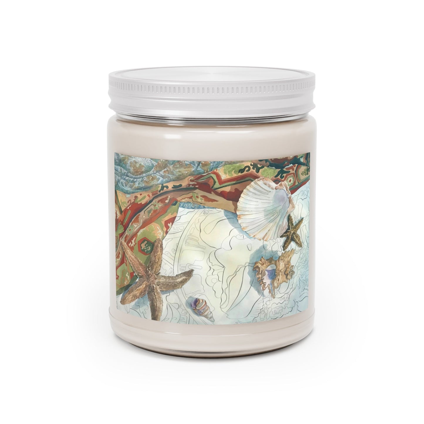 9oz Eco-Friendly Scented or Unscented Soy Wax Candle Jar with 'Shells' Coastal Artwork by American Artist Barbara Cleary-7