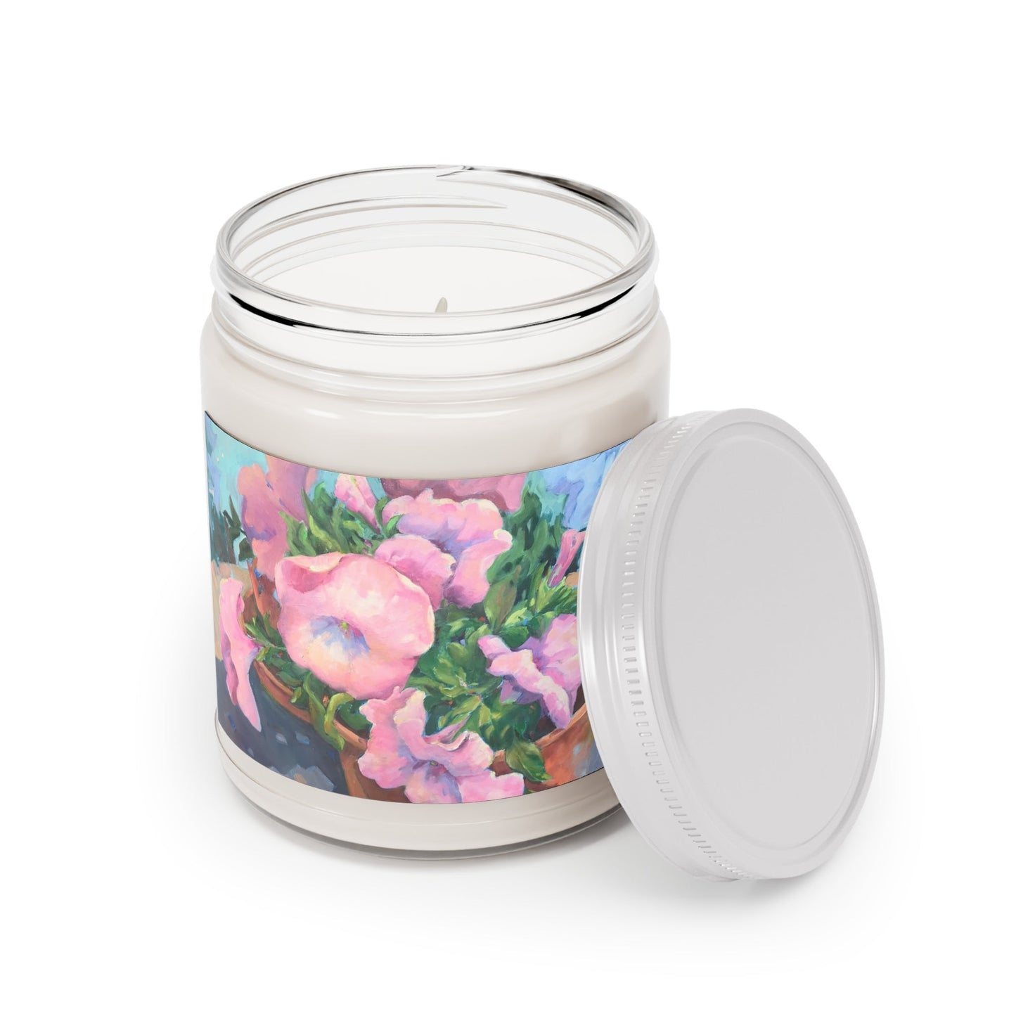 9oz Eco-Friendly Scented or Unscented Soy Wax Candle Jar with 'Pink Petals in Bloom' Artwork by American Artist Barbara Cleary-1
