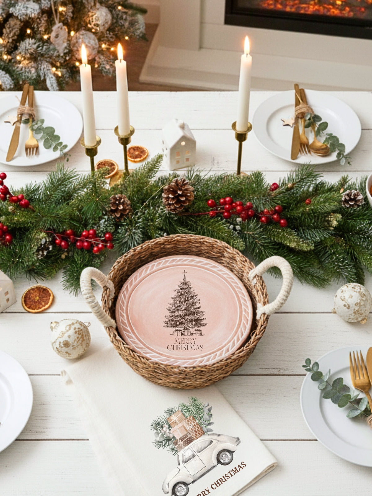 Bread Warmer & Basket Gift Set with Tea Towel - Christmas Tree Round-1