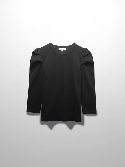 Ribbed Crew Neck Puff Sleeve Top-Black-1