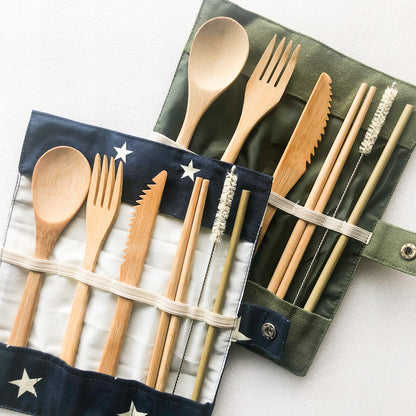 Bamboo Cutlery Set | Zero Waste Reusable | Washable Organic Cotton Travel Pouch & Hemp Cleaning Brush-2