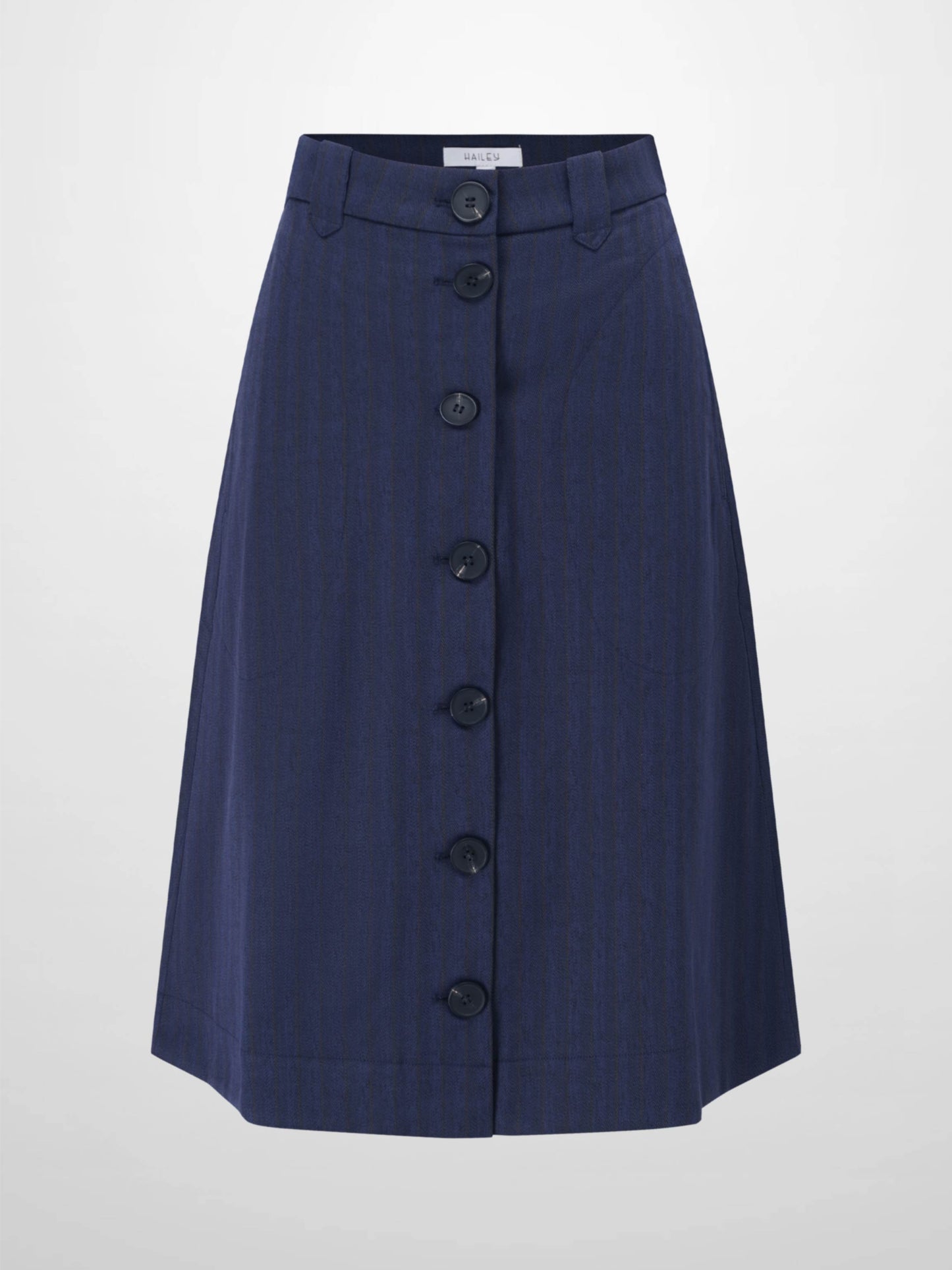 Herringbone Pinstripe Button Down A-Line Skirt-Navy/Brown-0