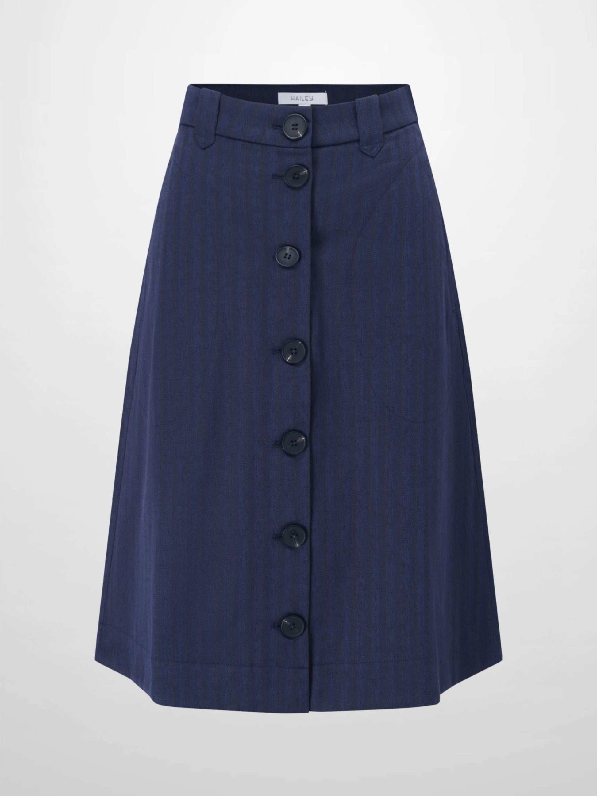 Herringbone Pinstripe Button Down A-Line Skirt-Navy/Brown-0