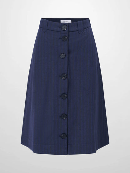 Herringbone Pinstripe Button Down A-Line Skirt-Navy/Brown-0
