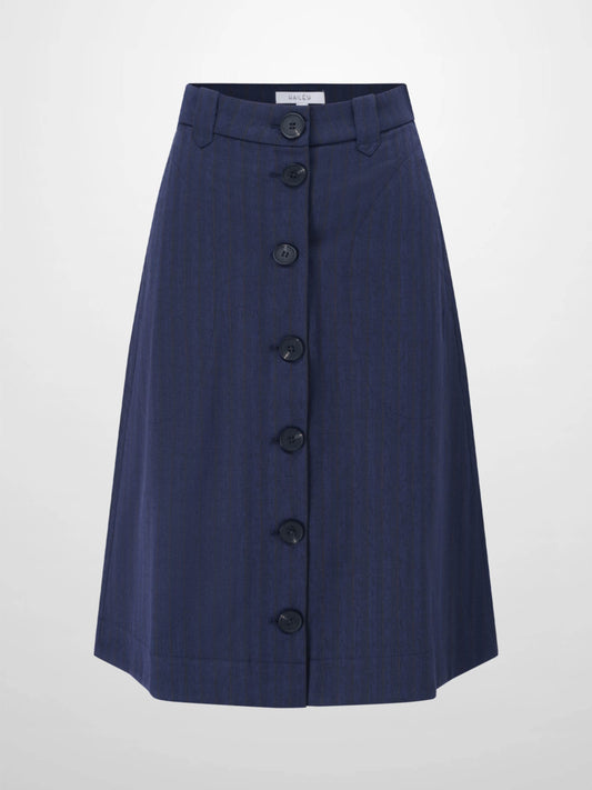Herringbone Pinstripe Button Down A-Line Skirt-Navy/Brown-0