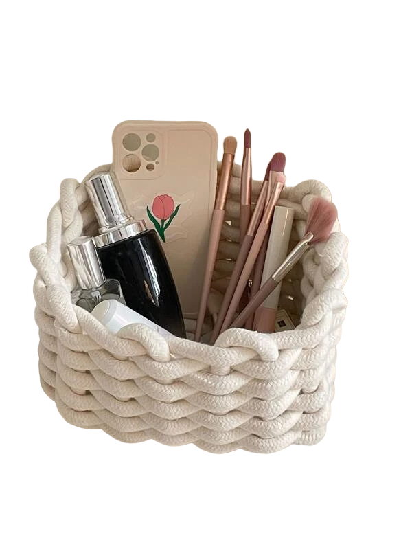 NNESN Woven Makeup Storage Basket - Chic White Organizer-0