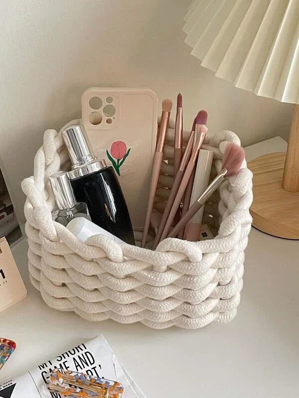 NNESN Woven Makeup Storage Basket - Chic White Organizer-2
