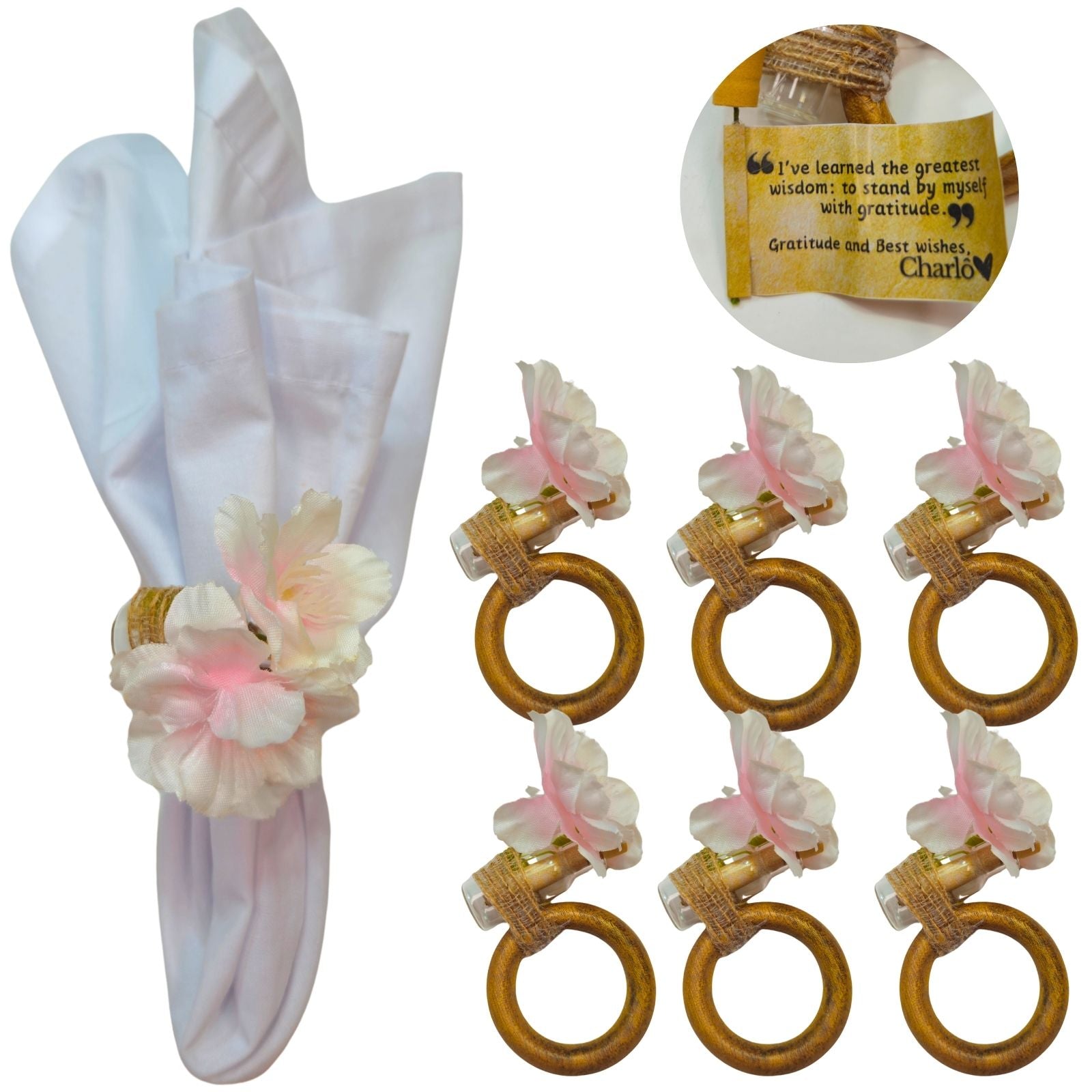 Charlo's Pink Cherry Blossom Message Napkin Rings Good Vibes Funny for Party Wedding Dinner Table Decor-0