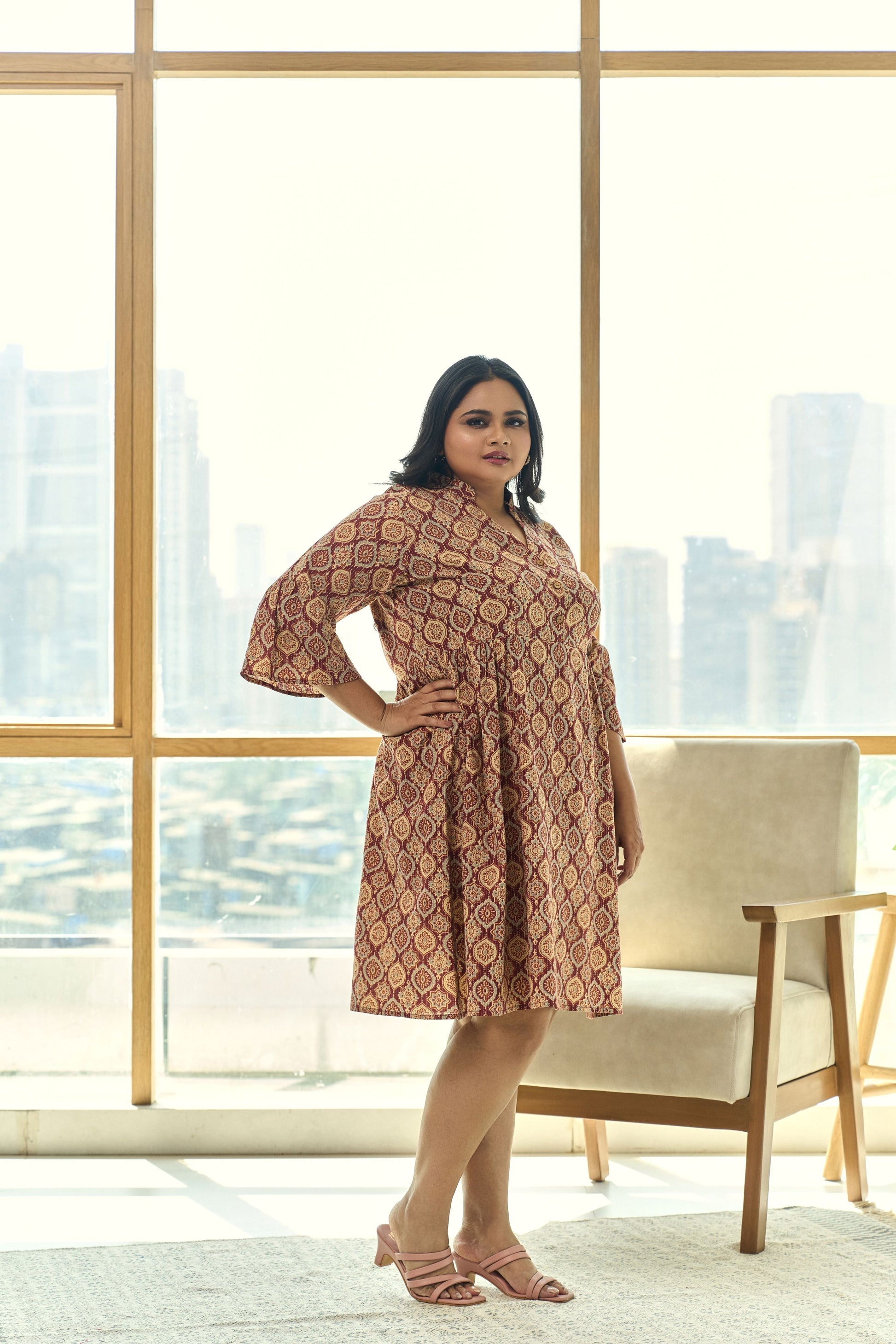 Brown and Maroon Ajrakh Print Kantha Cotton Pleated Short Dress-1