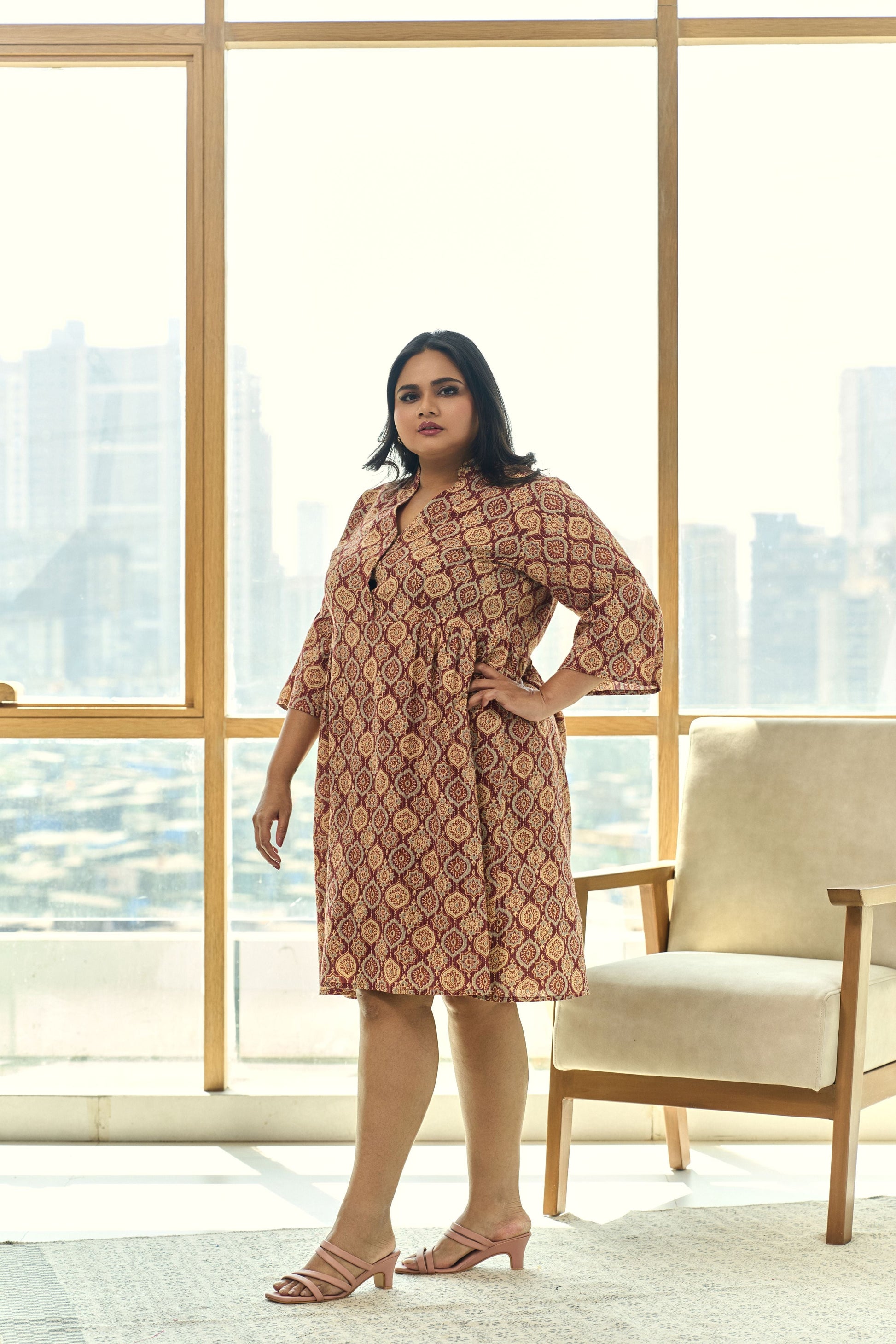 Brown and Maroon Ajrakh Print Kantha Cotton Pleated Short Dress-2