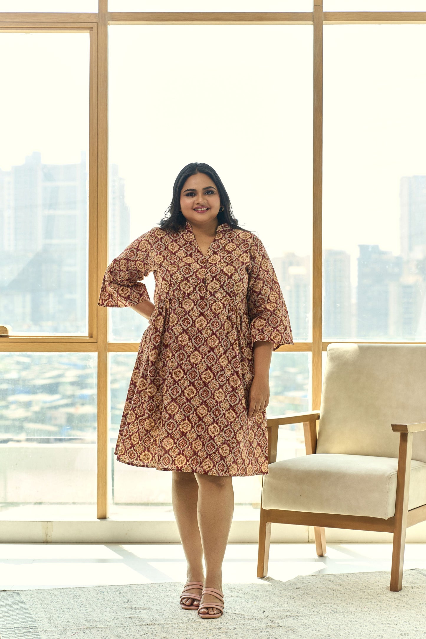 Brown and Maroon Ajrakh Print Kantha Cotton Pleated Short Dress-3