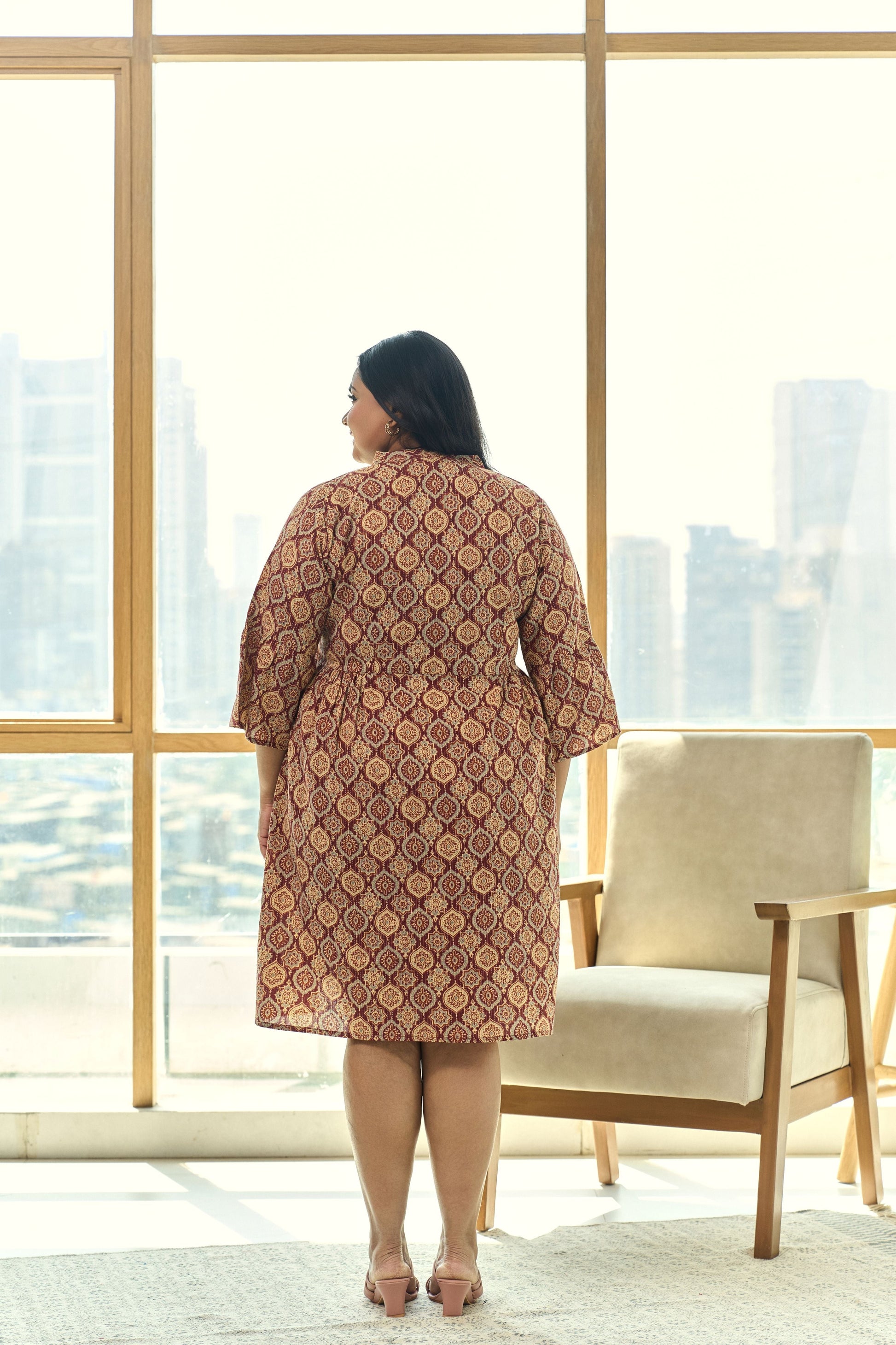 Brown and Maroon Ajrakh Print Kantha Cotton Pleated Short Dress-4