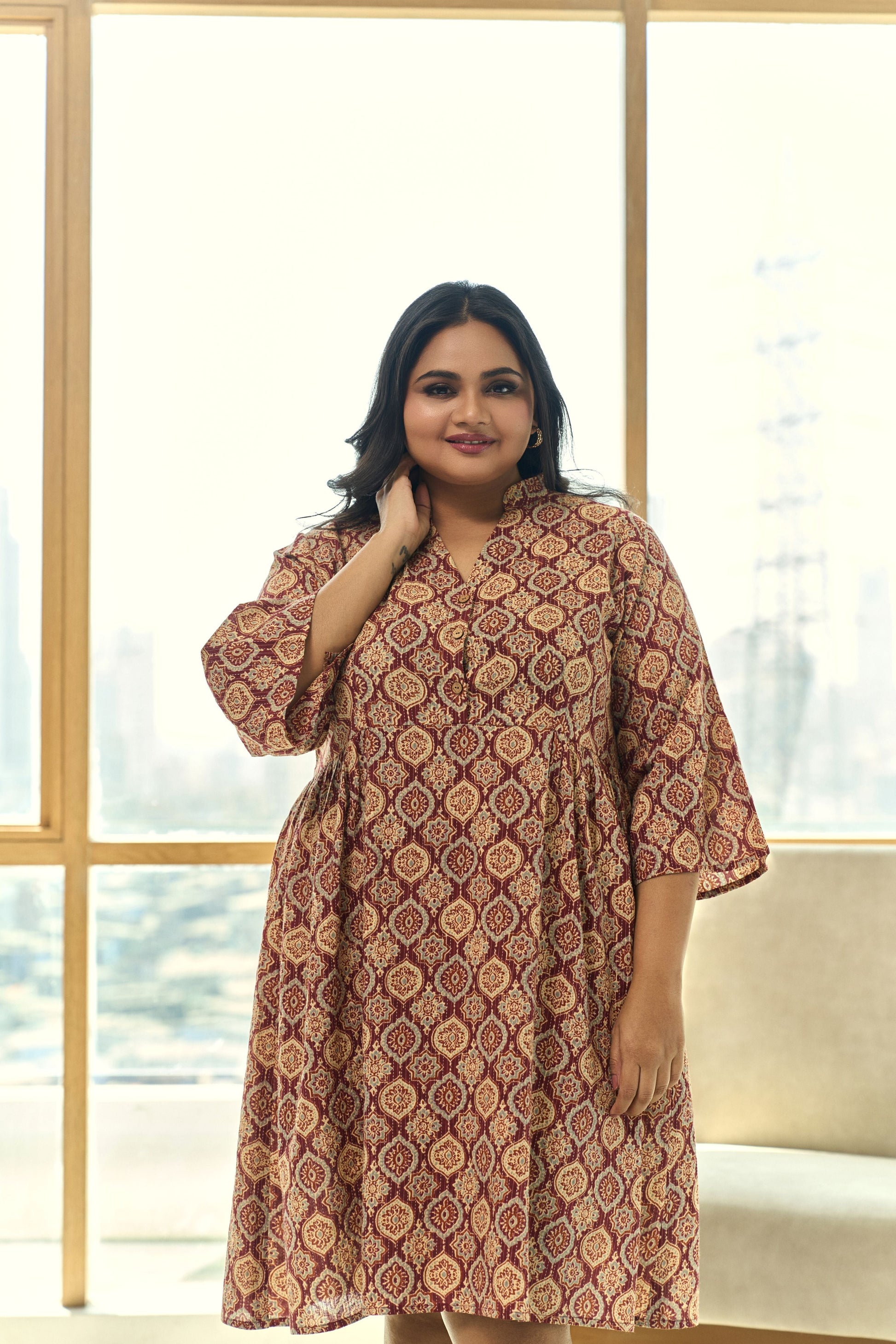 Brown and Maroon Ajrakh Print Kantha Cotton Pleated Short Dress-0