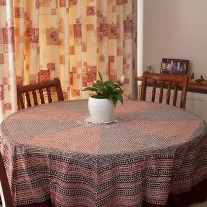 Ditsy Diamond Hand-block Print Round Table Cloth - Black Red-3