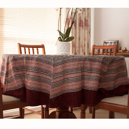 Ditsy Diamond Hand-block Print Round Table Cloth - Black Red-2