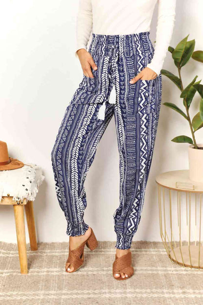 Double Take Geometric Print Tassel High-Rise Pants-2