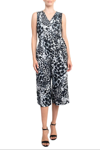 Emma & Michele V-Neck Sleeveless Tie Side Multi Print Pockets ITY Jumpsuit-0