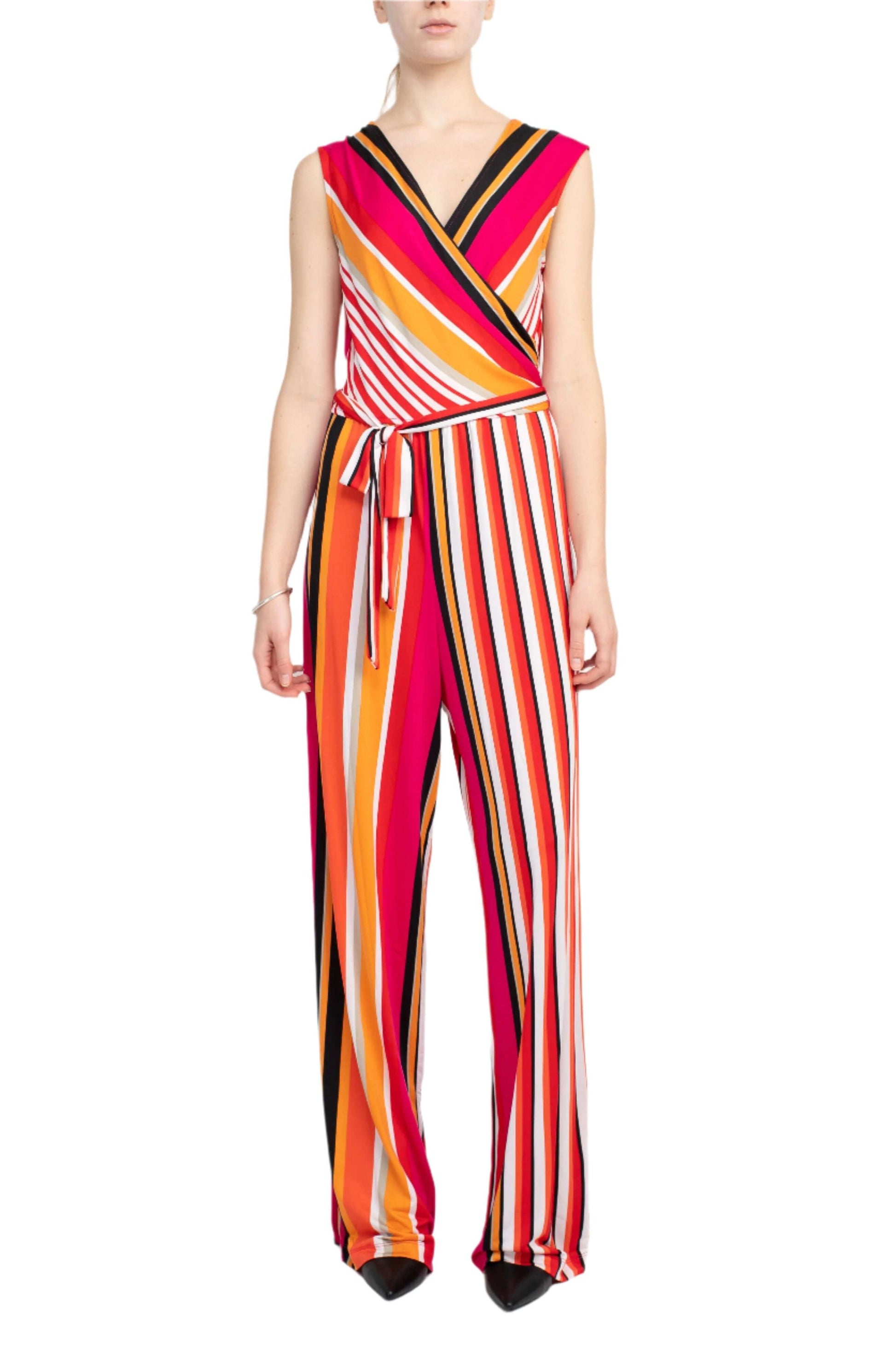 Emma & Michele V-Neck Mock Wrap Top Tie Waist Stripe Print ITY Jumpsuit-0