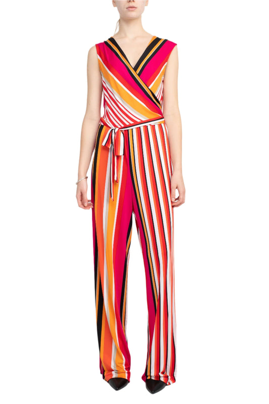 Emma & Michele V-Neck Mock Wrap Top Tie Waist Stripe Print ITY Jumpsuit-0