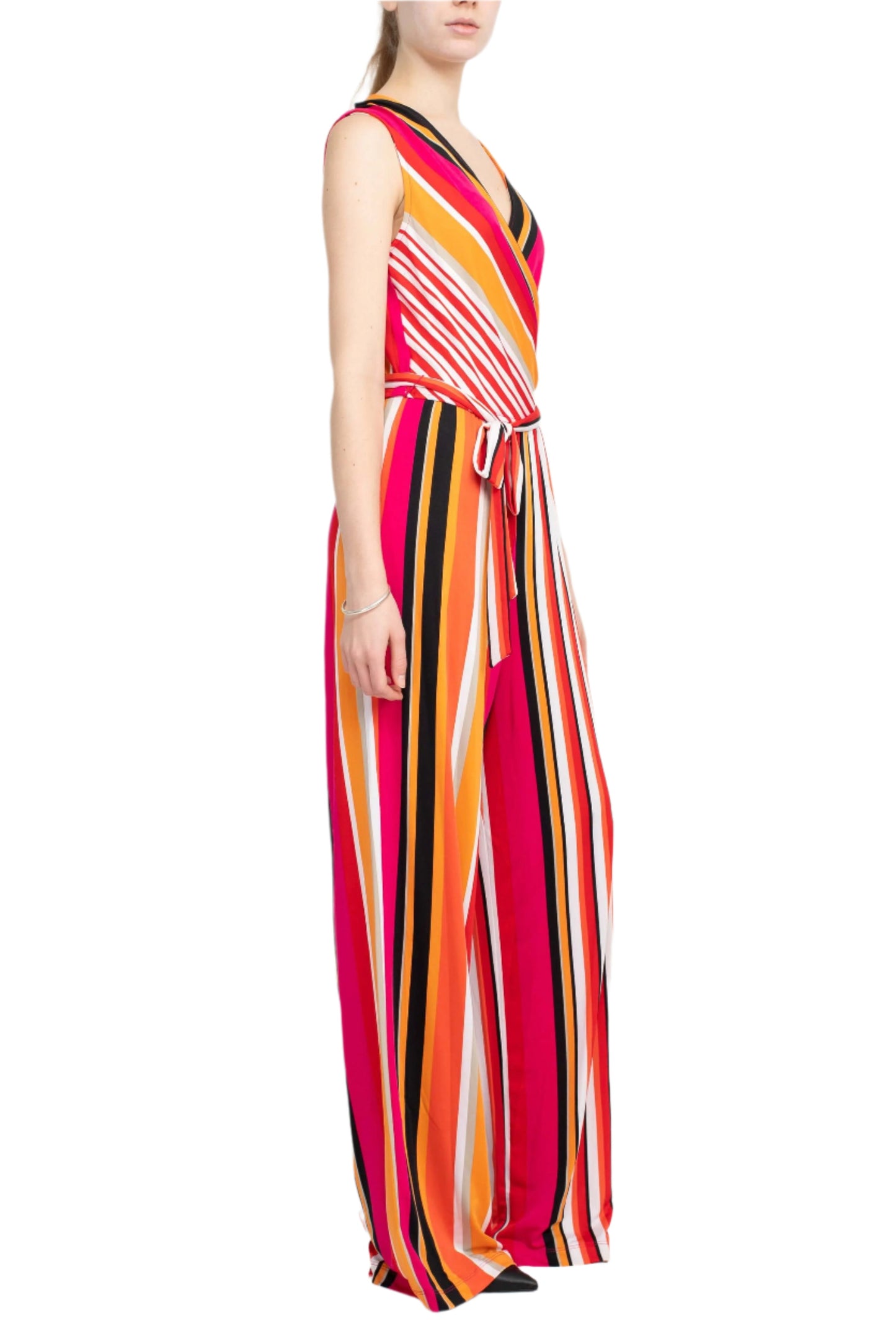 Emma & Michele V-Neck Mock Wrap Top Tie Waist Stripe Print ITY Jumpsuit-1