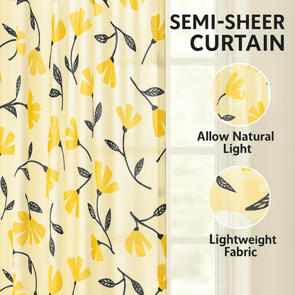 DaDa Bedding Set of 2 Botanical Floral Window Curtain Panels - Natural Semi Sheer Yellow Fleur Golden Orange Spring Time Tulips Straight Tailored Edge-1