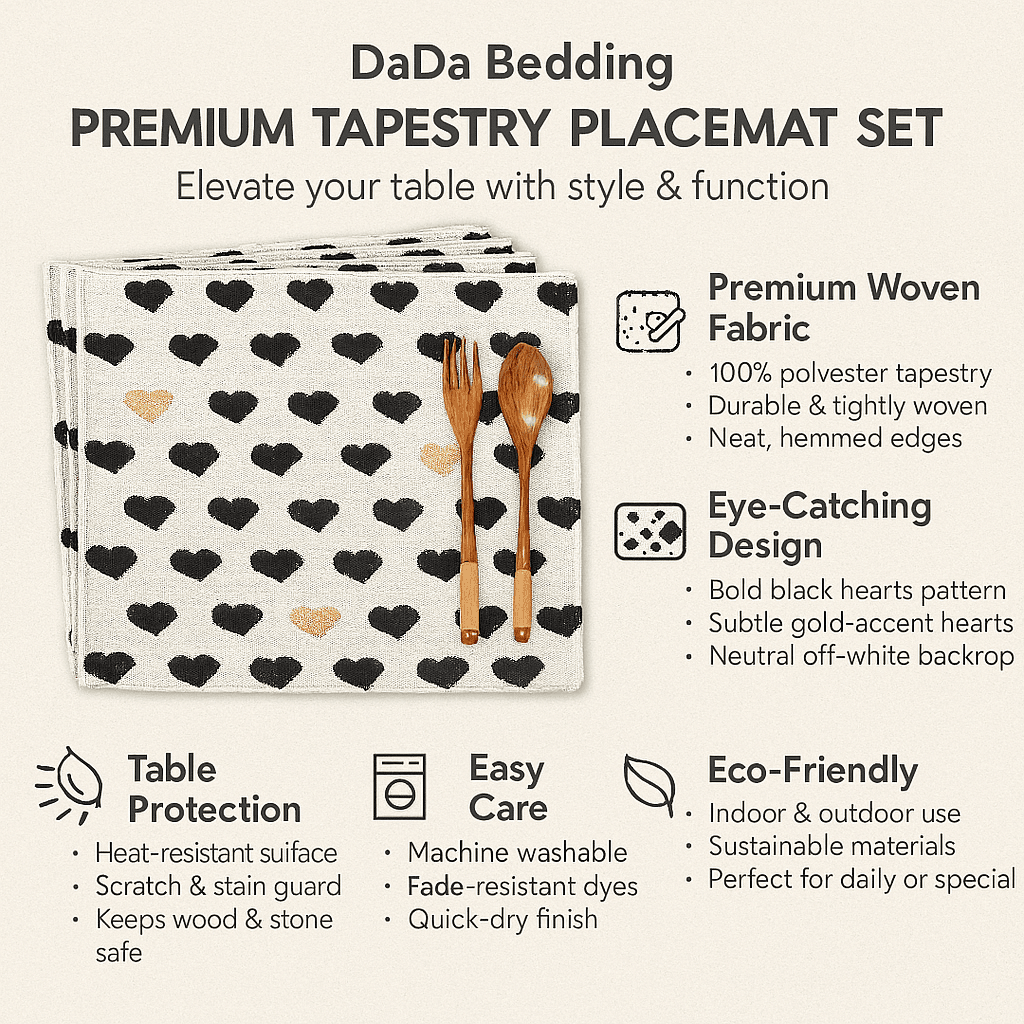 DaDa Bedding Set of 4-Pieces Lovely Yellow & Black Hearts Tapestry Dining Table Placemats 13” x 19” (18113)-1