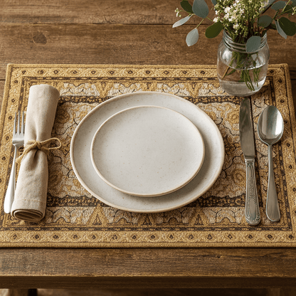 DaDa Bedding Set of 4-6 Pieces Royal Persian Style Rug Golden Brown Floral Tapestry Placemats 13” x 19” (18119)-3