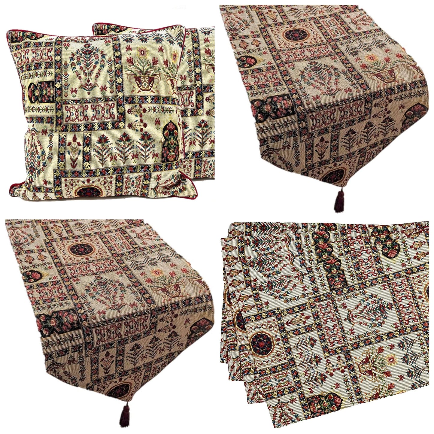 DaDa Bedding Set of 8 Pieces Light Botanical Mughal Floral Table Woven Tapestry - 4 Placemats, 2 Table Runners, 2 Throw Pillow Covers (18196)-0