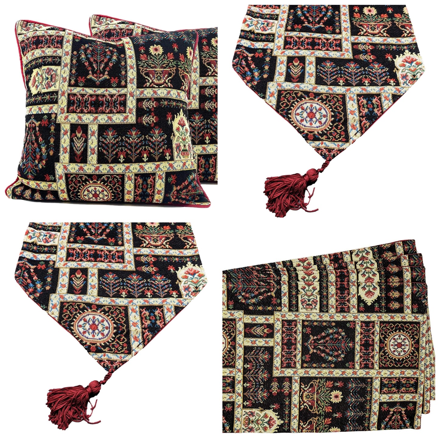 DaDa Bedding Set of 8 Pieces Dark Botanical Mughal Floral Table Woven Black Tapestry - 4 Placemats, 2 Table Runners, 2 Throw Pillow Covers (18197)-0