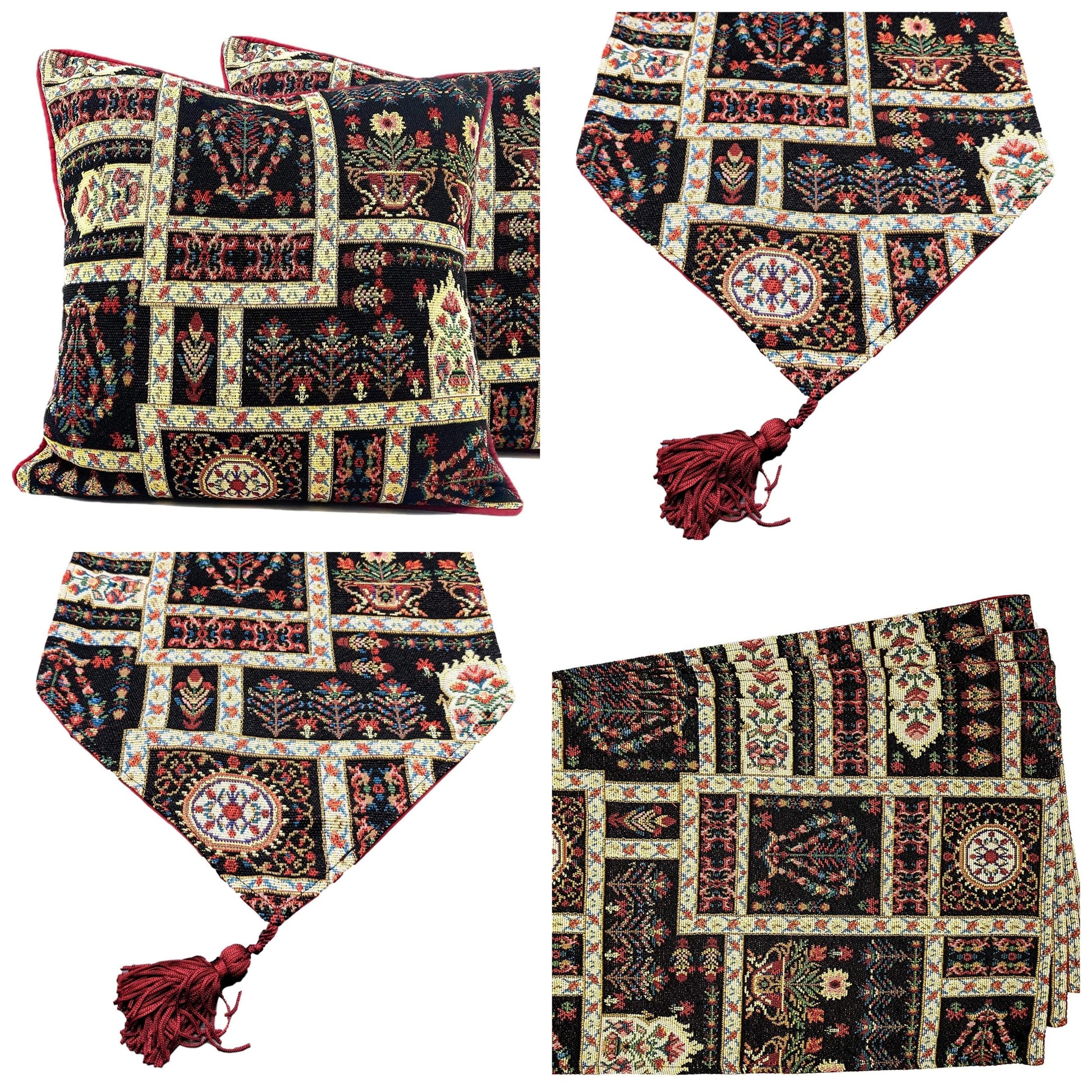 DaDa Bedding Set of 8 Pieces Dark Botanical Mughal Floral Table Woven Black Tapestry - 4 Placemats, 2 Table Runners, 2 Throw Pillow Covers (18197)-0