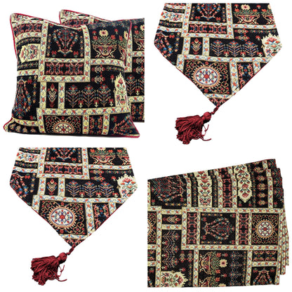 DaDa Bedding Set of 8 Pieces Dark Botanical Mughal Floral Table Woven Black Tapestry - 4 Placemats, 2 Table Runners, 2 Throw Pillow Covers (18197)-0