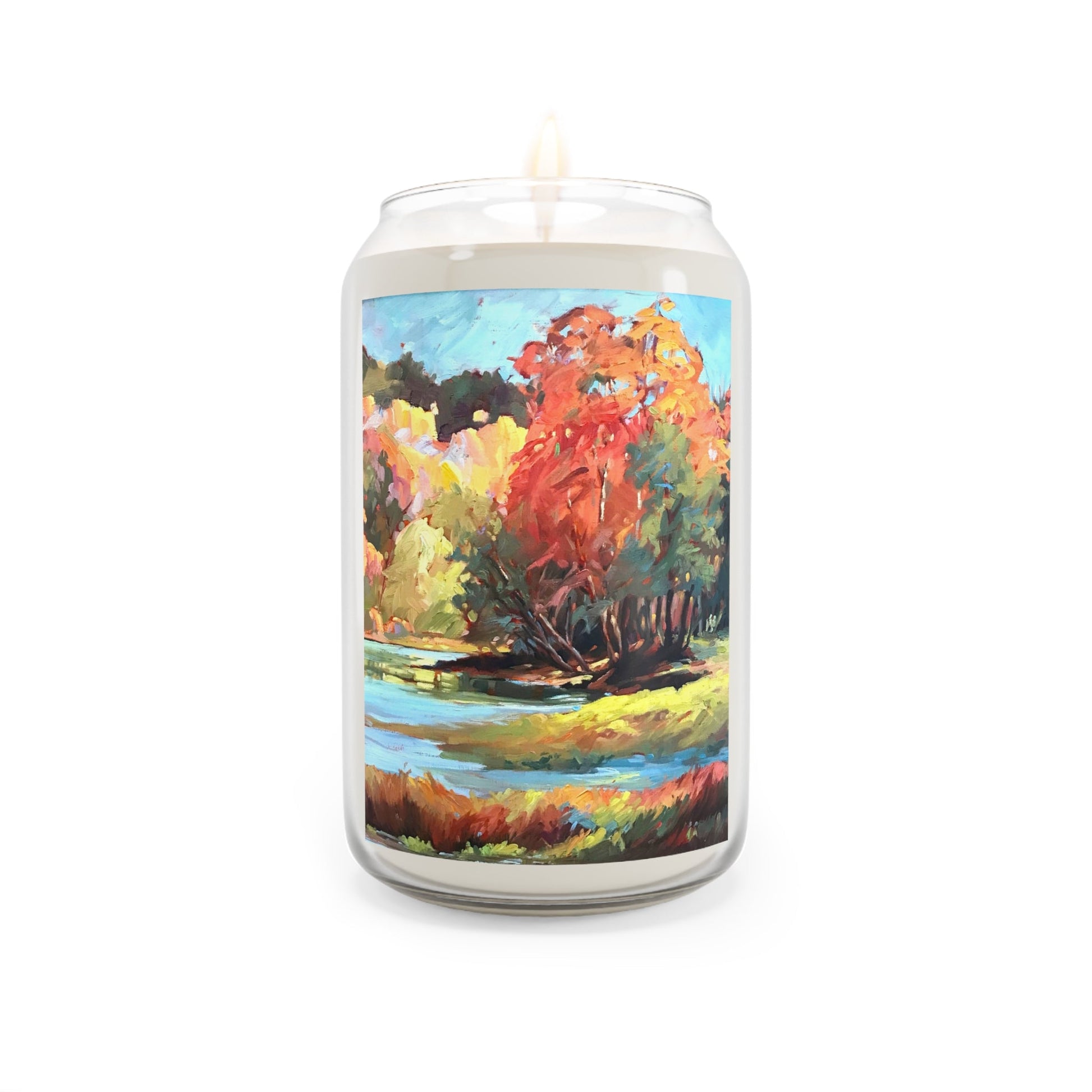13.75oz Eco-Friendly Scented or Unscented Soy Wax Candle Jar  with 'Autumn Fire' Artwork by American Artist Barbara Cleary (Fall Collection)-1