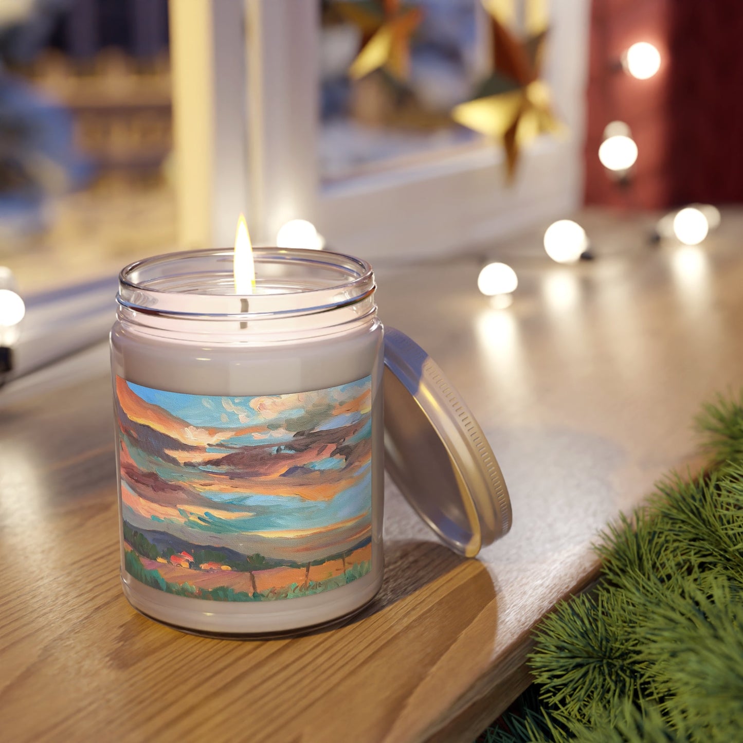 9oz Eco-Friendly Scented or Unscented Soy Wax Candle Jar  with 'Fall Sky' Artwork by American Artist Barbara Cleary (Fall Collection)-0