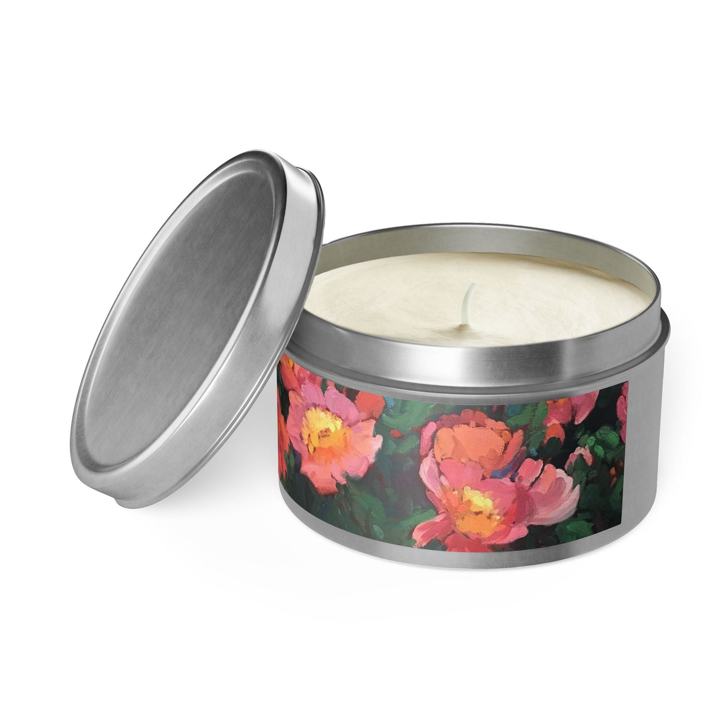 8oz Eco-Friendly Scented or Unscented Soy Wax Candle Tin with 'Pink Princess' Floral Artwork by American Artist Barbara Cleary-0