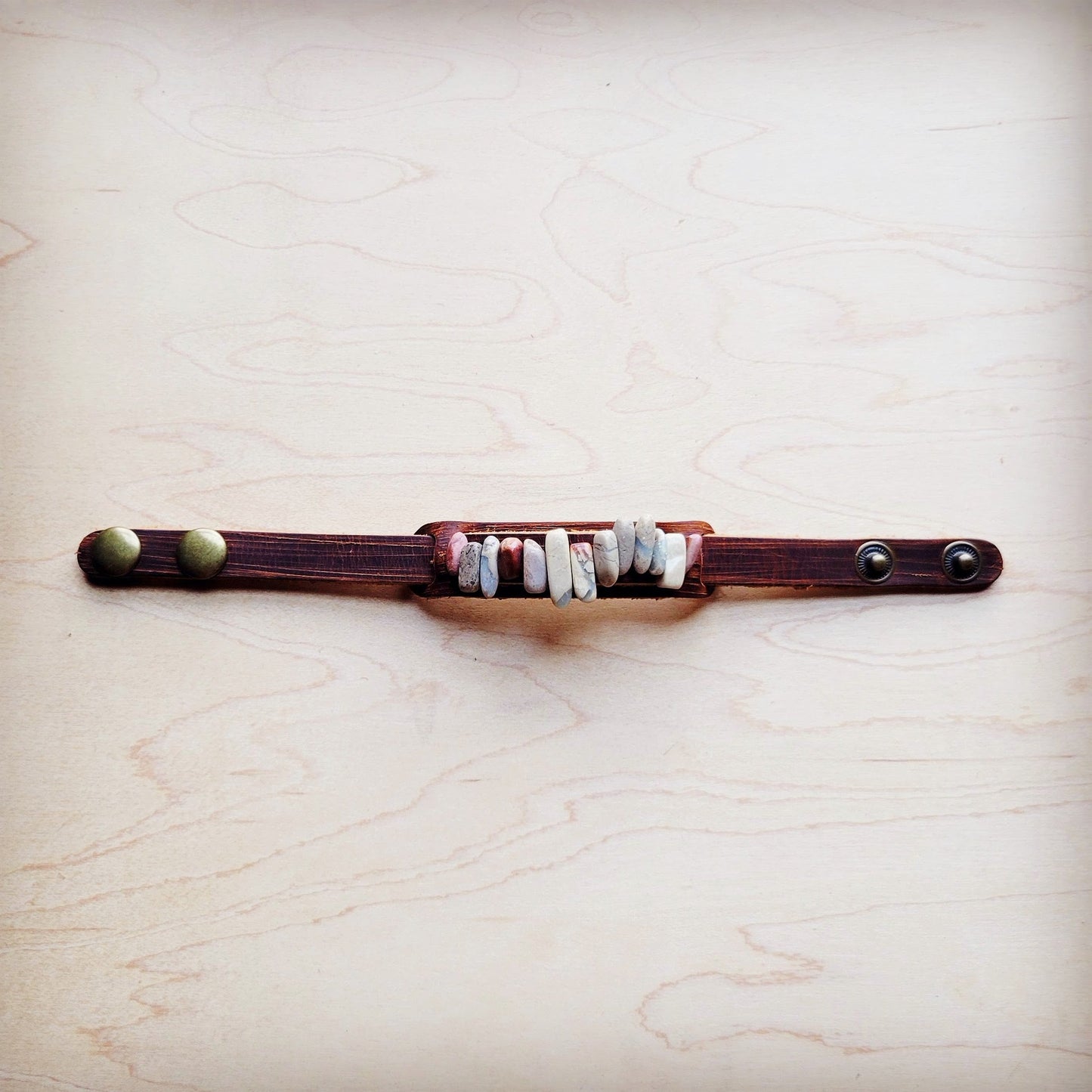 Genuine Leather Narrow Cuff with Aqua Terra Stones 005f-1