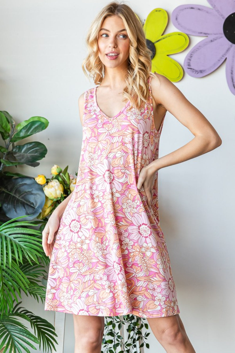Heimish Full Size Floral V-Neck Tank Dress with Pockets-3