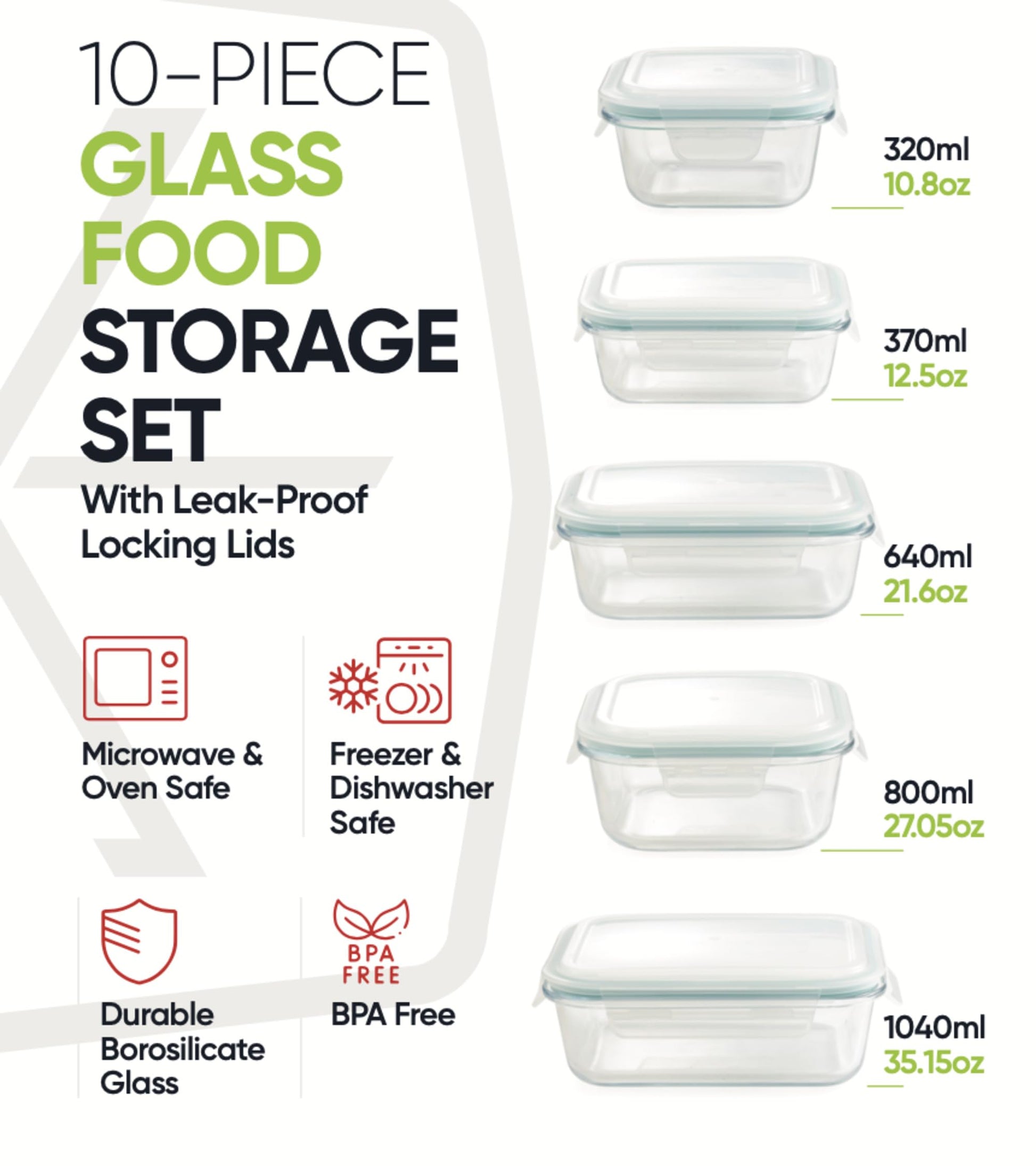 20-Piece Glass Food Storage Containers with Airtight Locking Lids (10 Containers + 10 Lids)-2
