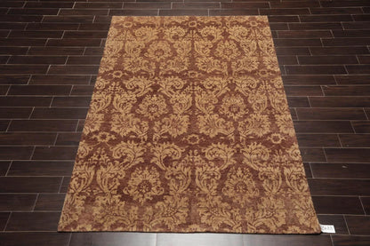 6' x 8'8'' Hand Knotted New Zealand Wool Damask Antique Finish Area Rug Brown-1