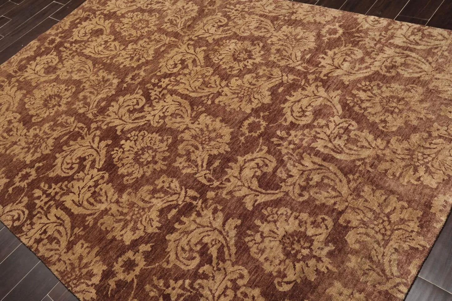 6' x 8'8'' Hand Knotted New Zealand Wool Damask Antique Finish Area Rug Brown-2