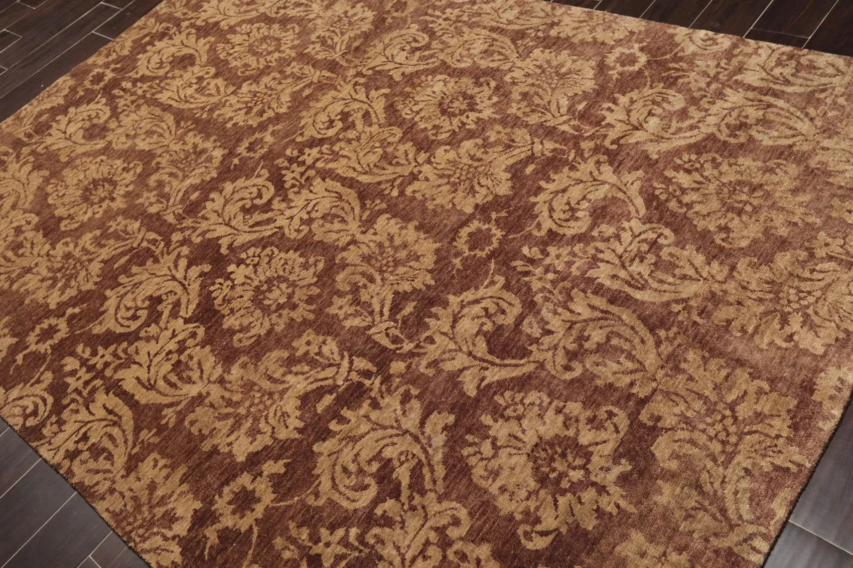 6' x 8'8'' Hand Knotted New Zealand Wool Damask Antique Finish Area Rug Brown-2