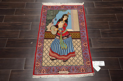 2' 5''x3' 10'' Hand Knotted 100% Wool Pictorial Tapestry Isfahan 300 kpsi Oriental Area Rug Beige, Blue Color-2