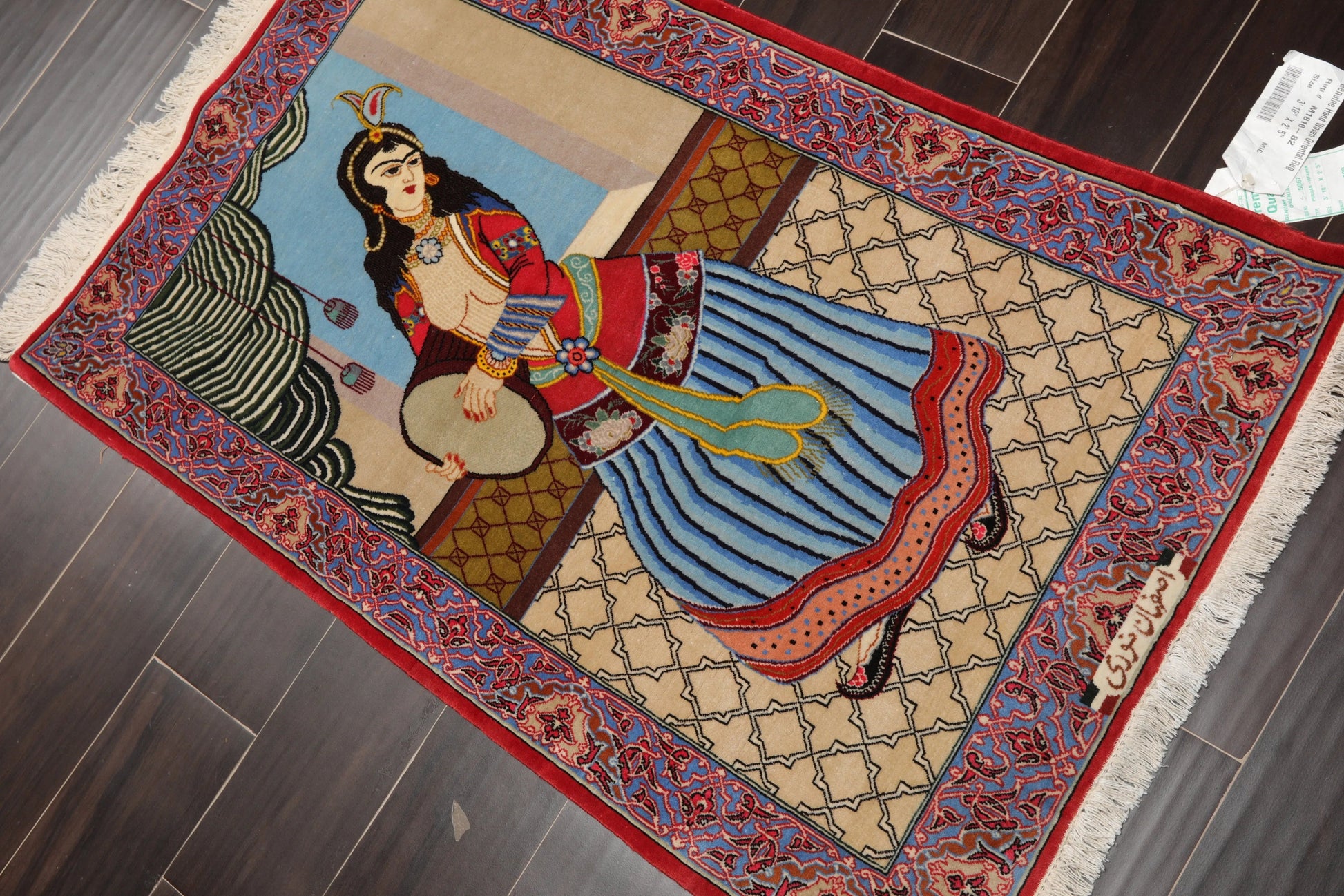 2' 5''x3' 10'' Hand Knotted 100% Wool Pictorial Tapestry Isfahan 300 kpsi Oriental Area Rug Beige, Blue Color-3