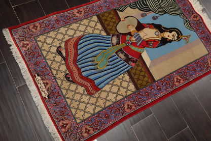 2' 5''x3' 10'' Hand Knotted 100% Wool Pictorial Tapestry Isfahan 300 kpsi Oriental Area Rug Beige, Blue Color-4