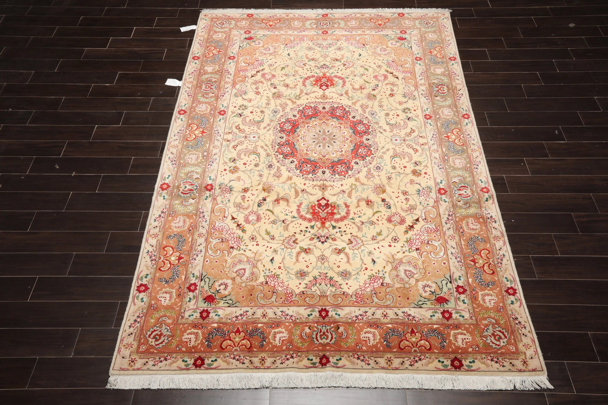 6x9 Hand Knotted Wool and Silk Traditional Tabriz 300 KPSI Oriental Area Rug Ivory, Peach Color-2
