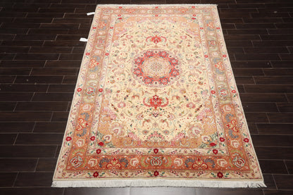 6x9 Hand Knotted Wool and Silk Traditional Tabriz 300 KPSI Oriental Area Rug Ivory, Peach Color-2