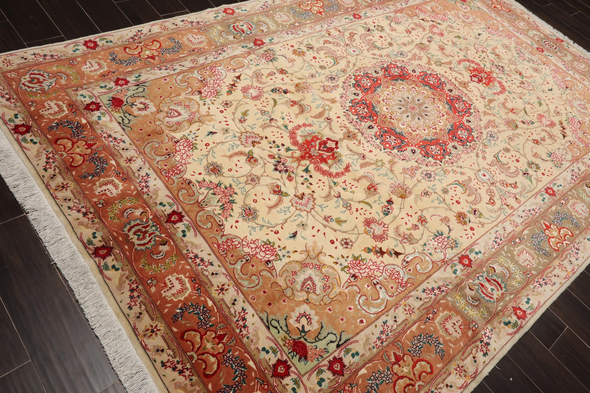 6x9 Hand Knotted Wool and Silk Traditional Tabriz 300 KPSI Oriental Area Rug Ivory, Peach Color-4