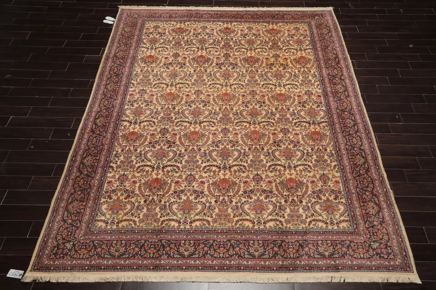 9x12 Warm Beige, Charcoal Hand Knotted 100% Wool Kerman Vintage Traditional Oriental Area Rug-2