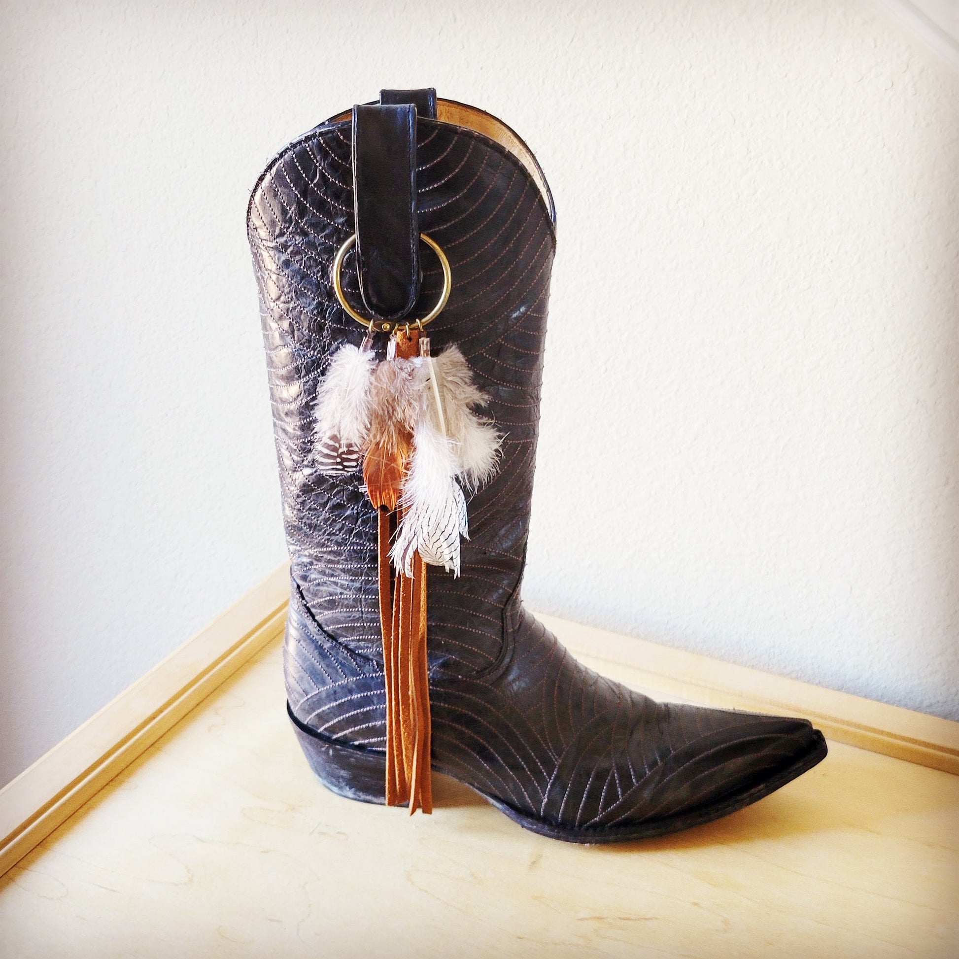 Boho Western Boot Bling Charm with Leather Fringe Cognac 500e-1
